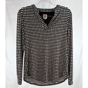Anne Klein Polka Dot Blouse XXS Black White V-Neck Long Sleeve Retro Mod Chic
